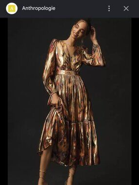 new ANTHROPOLOGIE METALLIC V neck long sleeve maxi dress L large